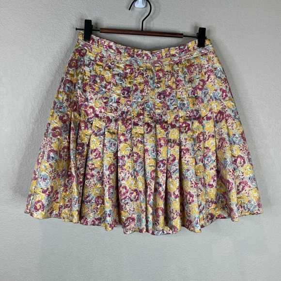 Zac Posen‎ Skirt Women 9 Brocade Floral Metallic Pleated Skirt Multicolor Preppy - Picture 1 of 11